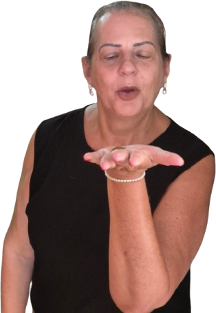 Fabi com a mão estendida, em gesto de convite